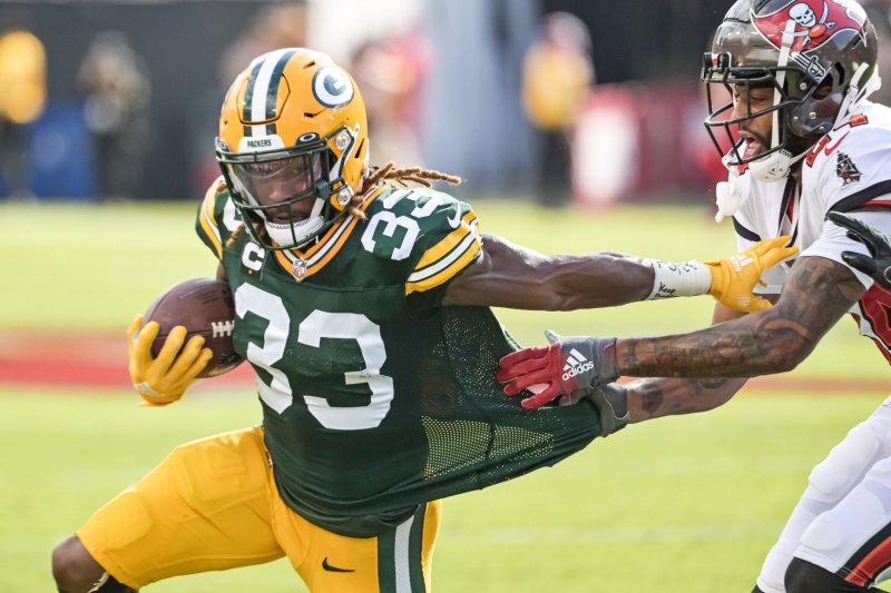 Green Bay Packers running back Aaron Jones (33) totaled a career-high 1,121 rushing yards in 17 starts in 2022. File Photo by Steve Nesius/UPI