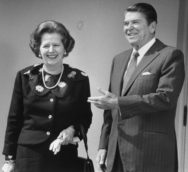 Former President Reagan introduces former Prime Minister Margaret Thatcher of Great Britain to a gathering in the Rose Garden 9/29/1983 (UPI Photo/Rich Lipsk)