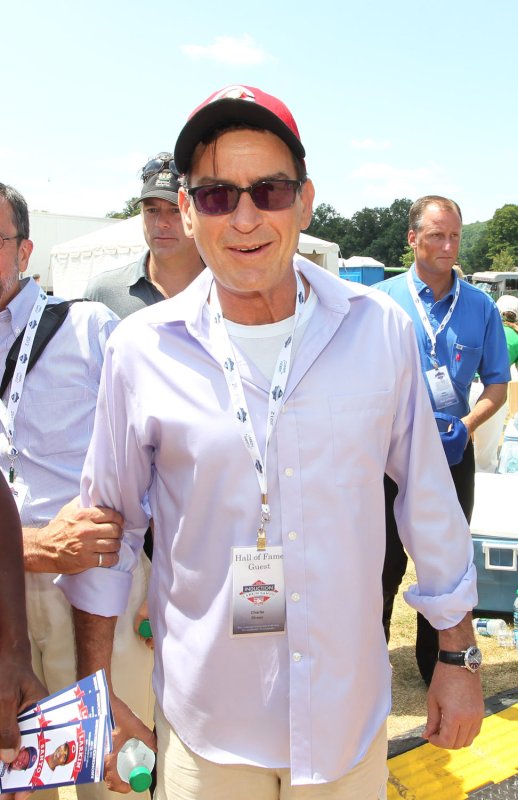 Charlie Sheen at the Clark Sports Center for the National Baseball Hall of Fame's induction ceremonies for Cincinnati Reds Barry Larkin in N.Y. in 2012. File Photo by Bill Greenblatt/UPI