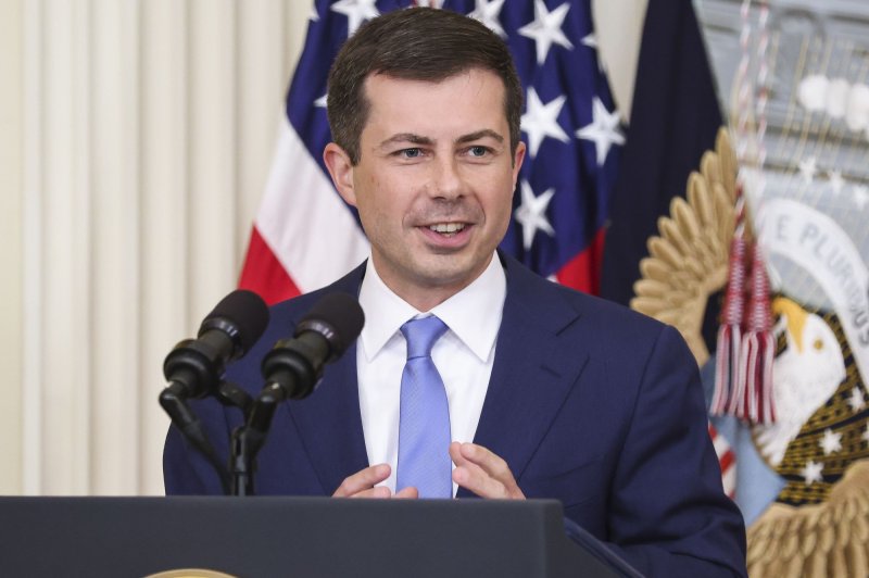 Transportation Secretary Pete Buttigieg speaks during an event to commemorate LGBTQ+ Pride Month in the East Room at the White House on June 25. File Photo by Oliver Contreras/UPI