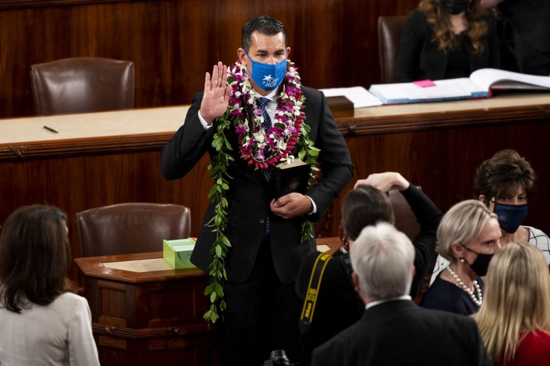 Rep. Kaiali'i Kahele, D-Hawaii, poses for a photo on the House floor on January 3, 2021. He said a House subcommittee will examine the Navy's response to well contamination at its Red Hill facility next week. File Photo by Bill Clark/UPI | <a href="/News_Photos/lp/bdfd01c31645b03df44b87cbecb447b6/" target="_blank">License Photo</a>
