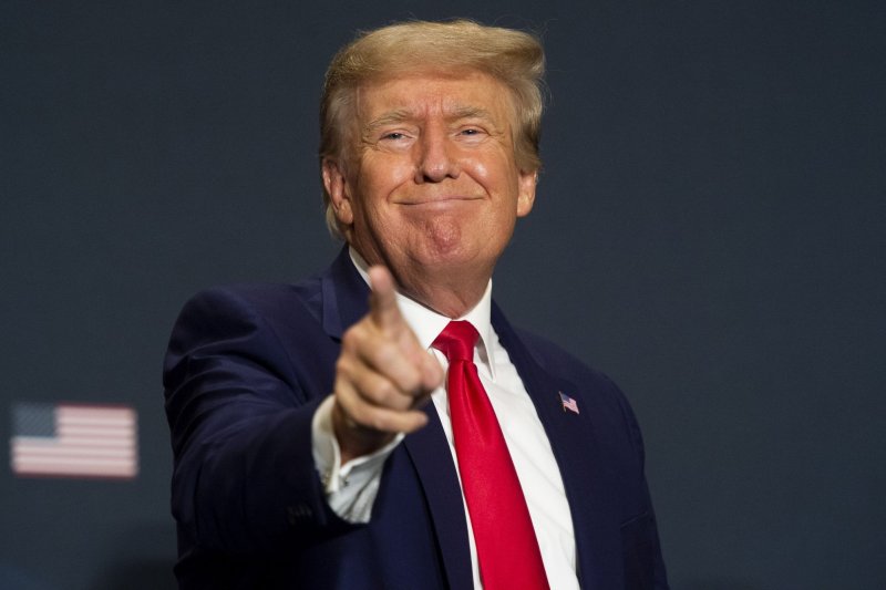 Former President of the United States Donald Trump points to the crowd at the Marriott Marquis Hotel in Washington, D.C., on July 26. File Photo by Bonnie Cash/UPI