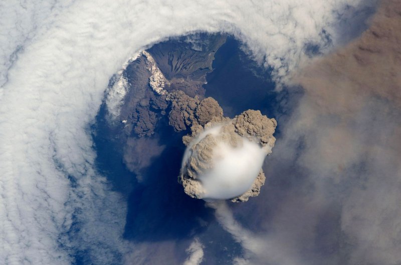 This NASA photo taken by astronauts aboard the International Space Station shows the Sarychev volcano in the early stages of eruption on Russia’s Kuril Islands on June 12, 2009. (UPI Photo/NASA)