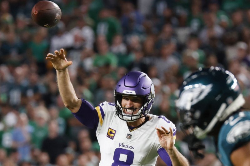 Minnesota Vikings quarterback Kirk Cousins throws a pass against the Philadelphia Eagles on Thursday in Philadelphia. Photo by John Angelillo/UPI