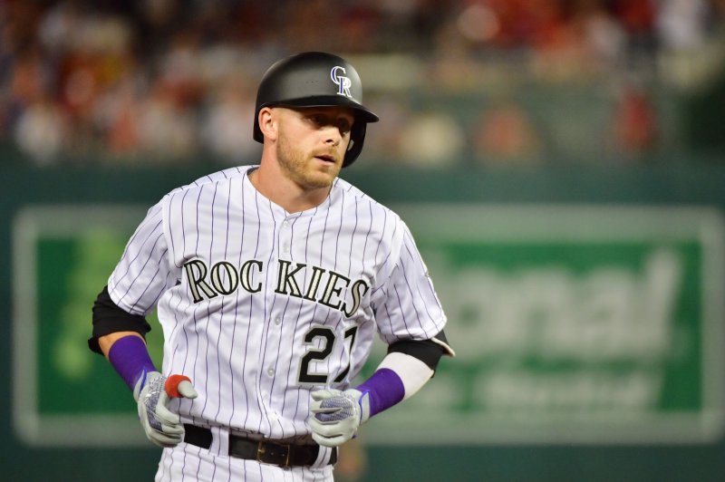 Colorado Rockies shortstop Trevor Story is hitting .292 on the season with 33 home runs and 102 RBIs. Photo by Kevin Dietsch/UPI | <a href="/News_Photos/lp/768b2936389fb55b41f69147658351bc/" target="_blank">License Photo</a>