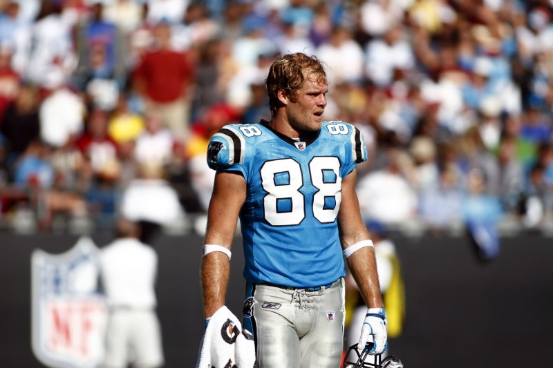 Carolina Panthers tight end Greg Olsen catches his breath during a break in the action as the Panthers play the Washington Redskins in the second half of an NFL football game in Charlotte, North Carolina on October 23, 2011. Carolina won 33-20 UPI/Nell Redmond .