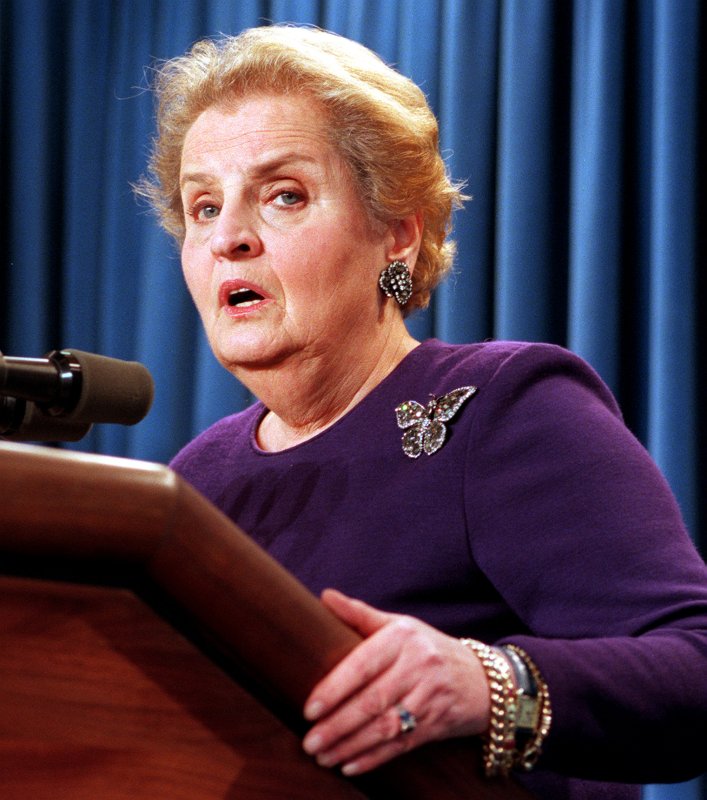 U.S. Secretary of State Madeleine Albright briefs reporters on President Bill Clinton's trip to the Middle East on December 11, 1998, at the White House. On January 23, 1997, Albright was sworn into office as the first female U.S. secretary of state. File Photo by Ian Wagreich/UPI