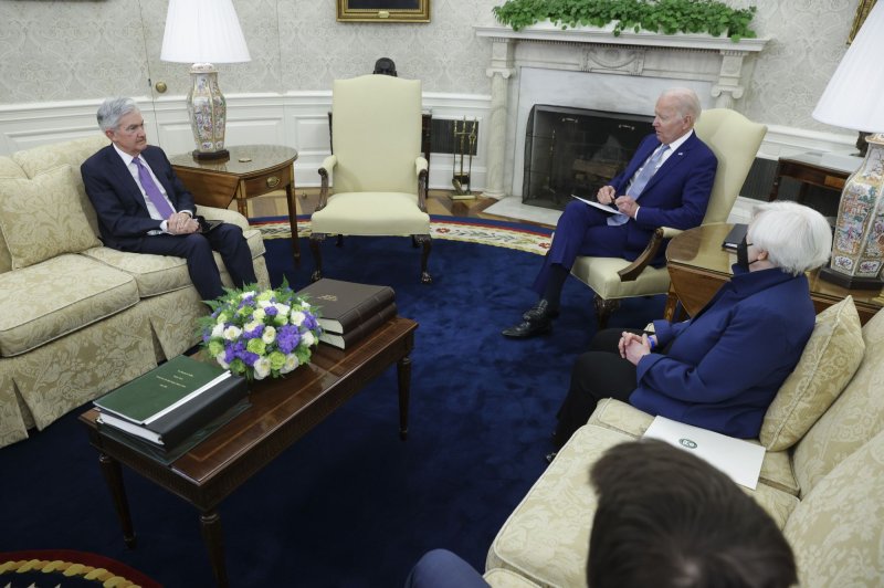 President Joe Biden (C) and Treasury Secretary Janet Yellen meet with Chairman of the Federal Reserve Jerome Powell in the Oval Office at the White House in Washington, D.C., on Tuesday. Photo by Oliver Contreras/UPI | <a href="/News_Photos/lp/8db89c35a0b0169511df062f444e32dc/" target="_blank">License Photo</a>