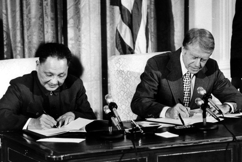 On January 29, 1979, Deng Xiaoping, deputy premier of China, and U.S. President Jimmy Carter signed accords reversing decades of U.S. opposition to the People's Republic of China. UPI File Photo