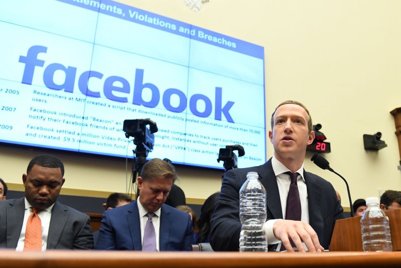 Facebook CEO Mark Zuckerberg testifies before Congress on October 23, 2019. On Wednesday, the company said Russian actors were most to blame for misinformation campaigns on its platform. File Photo by Pat Benic/UPI