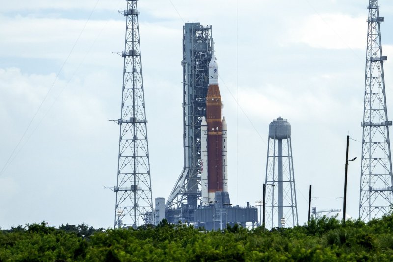 Artemis 1 is seen on Launch Complex 39B at the Kennedy Space Center in Florida on Monday. The massive SLS moon rocket was scheduled to blast off, but technical problems led NASA to scrub the launch until at least Friday. Photo by Pat Benic/UPI