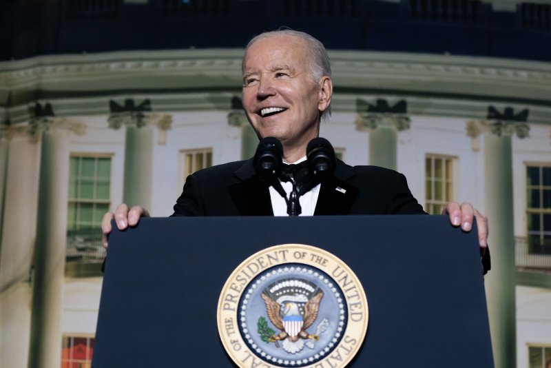 President Joe Biden speaks during the White House Correspondents' Association dinner in Washington, D.C., on Saturday. The annual dinner raises money for WHCA scholarships and honors the recipients of the organization's journalism awards. Photo by Nathan Howard/UPI