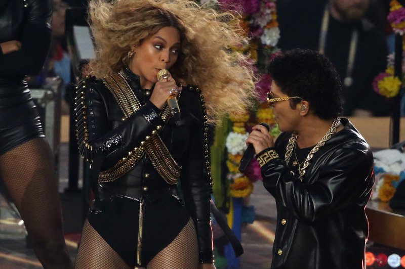 Beyonce and Bruno Mars perform during the Super Bowl 50 halftime show in Santa Clara on February 7, 2015. File photo by Khaled Sayed/UPI | <a href="/News_Photos/lp/7724b23c487f5cd80db68ae601111602/" target="_blank">License Photo</a>