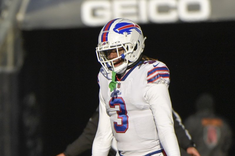 Buffalo Bills safety Damar Hamlin was in the locker room before Sunday's Divisional Round game against the Cincinnati Bengals in his first public appearance since going into cardiac arrest on the field on Jan. 2. File Photo by Mark Black/UPI