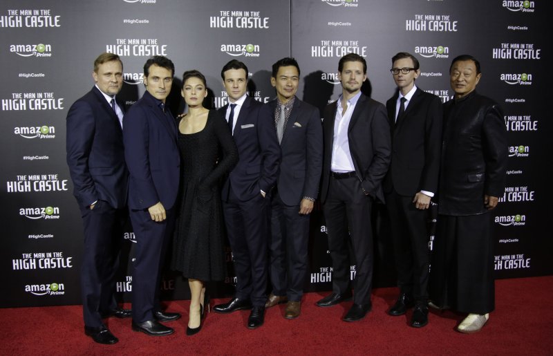 Rufus Sewell, Alexa Davalos, Rupert Evans and Joel de la Fuente arrive on the red carpet at the New York series premiere of 'The Man in the High Castle' on Nov. 2. Photo by John Angelillo/UPI