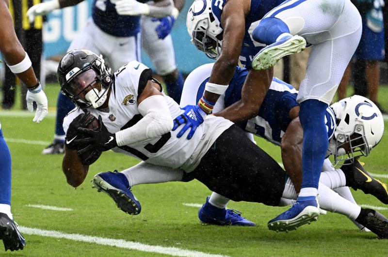 Jacksonville Jaguars wide receiver Christian Kirk (L) scores a touchdown against the Indianapolis Colts on Sunday in Jacksonville, Fla. Photo by Joe Marino/UPI | <a href="/News_Photos/lp/1c617e0201f9a8c60ca9b392439688c8/" target="_blank">License Photo</a>