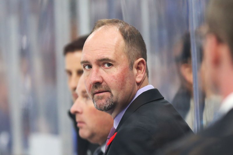 San Jose head coach Peter DeBoer and the Sharks trail the St. Louis Blues 3-2 in the NHL Western Conference finals. File Photo by Bill Greenblatt/UPI