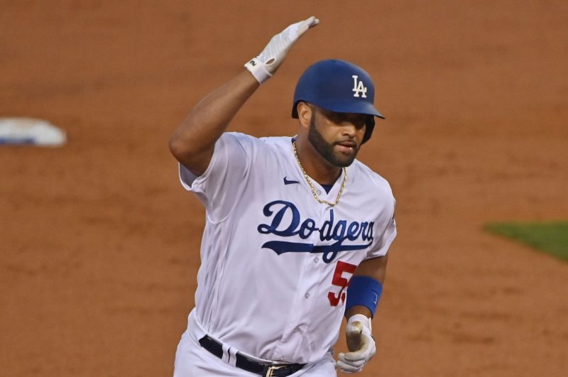 Los Angeles Dodgers first baseman Albert Pujols rounds the bases after hitting a two-run homer in the second inning off Arizona Diamondbacks starting pitcher Merrill Kelly on Thursday at Dodger Stadium in Los Angeles. Photo by Jim Ruymen/UPI