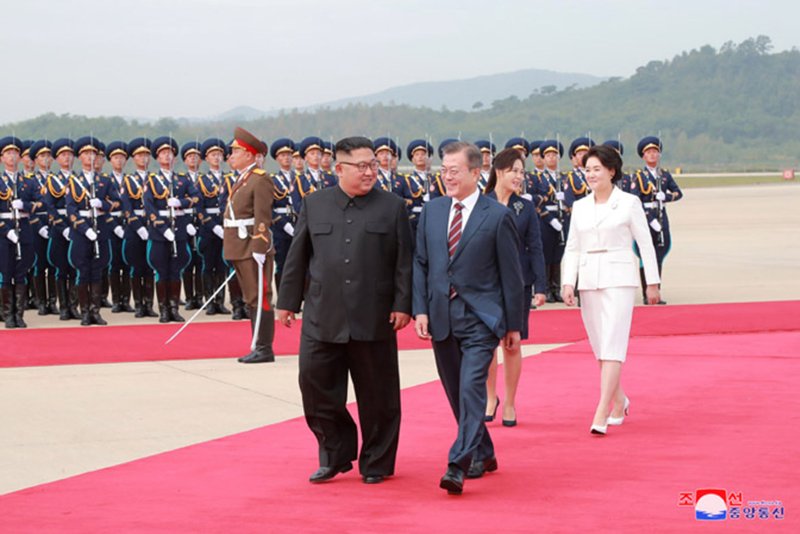 North Korean leader Kim Jong Un (L) could meet again with South Korean President Moon Jae-in (R) before the end of the year, according to a South Korean press report. File Photo by KCNA/UPI