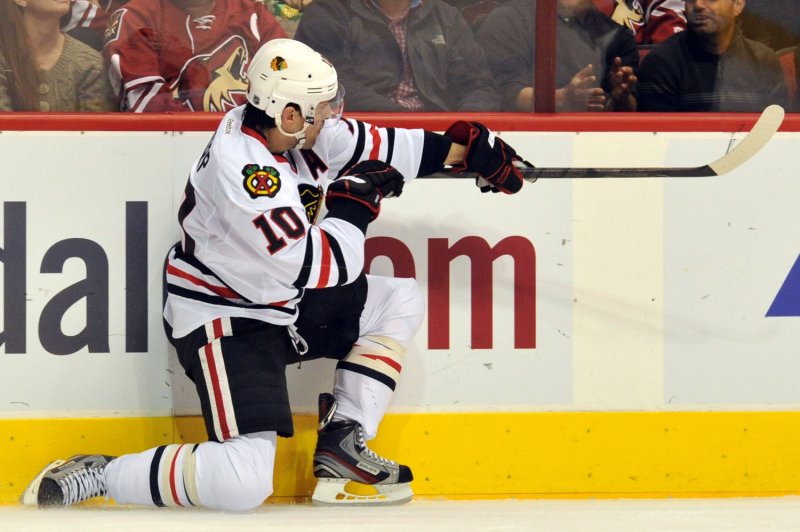 Patrick Sharp of the Chicago Blackhawks celebrates a goal. Sharp has signed a one-year deal with the team. UPI/Art Foxall | <a href="/News_Photos/lp/55fe318e969c1ea05b80097644e456dd/" target="_blank">License Photo</a>
