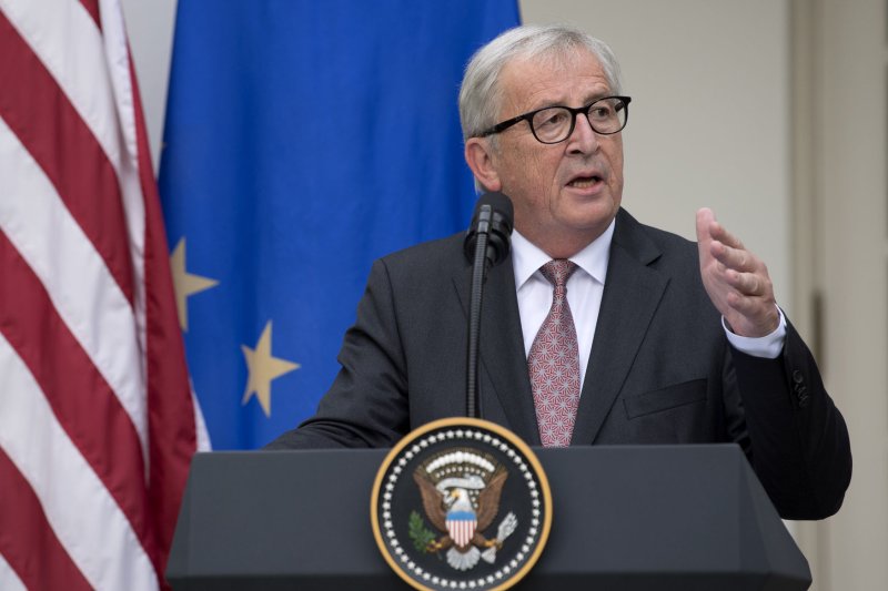 President of the European Commission Jean-Claude Juncker speaks to reporters with U.S. President Donald Trump at the White House on July 25. File Photo by Kevin Dietsch/UPI