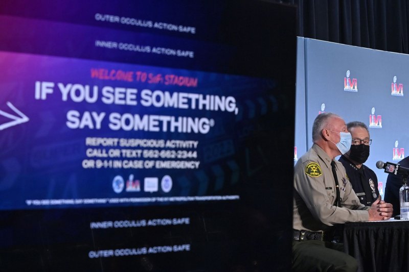 Public safety officials host a news conference Tuesday at the Los Angeles Convention Center to provide an overview of plans for Super Bowl LVI. Photo by Jim Ruymen/UPI | <a href="/News_Photos/lp/e889172449988da7d86db93eda219c78/" target="_blank">License Photo</a>