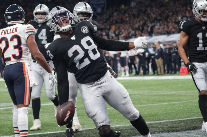 Josh Jacobs (28) of the Las Vegas Raiders is my top fantasy football running back for Week 11. File Photo by Hugo Philpott/UPI