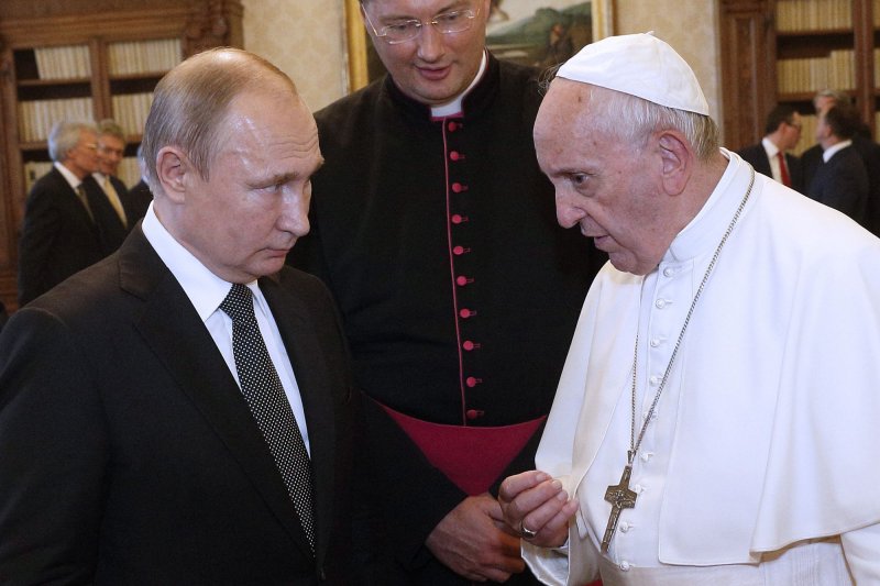 Pope Francis meets with Russian President Vladimir Putin at the Vatican on July 4, 2019. The pope has previously said that he's willing to meet again with Putin to help end the fighting in Ukraine. File Photo by Haring/Spaziani/UPI