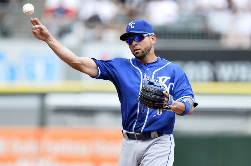 Kansas City Royals second baseman Omar Infante warms up before the second inning against the Chicago White Sox at U.S. Cellular Field on July 17, 2015 in Chicago. Photo by Brian Kersey/UPI