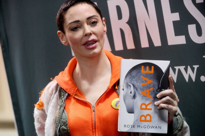 Rose McGowan arrives to sign copies of her memoir "Brave" on January 31 in New York City. File Photo by Dennis Van Tine/UPI | <a href="/News_Photos/lp/5c12fe20a903ce7c22d61e74dbe6054c/" target="_blank">License Photo</a>