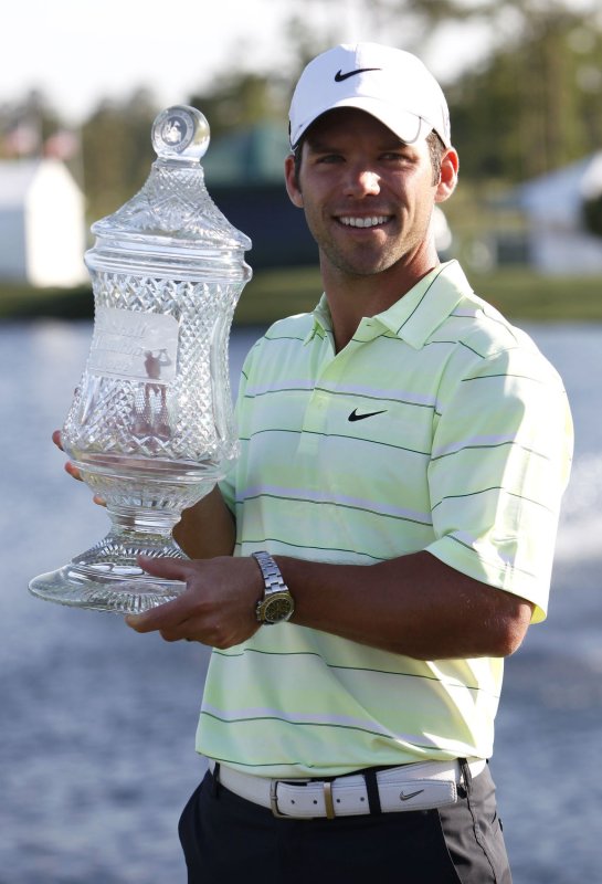 Paul Casey, of England, holds the winners trophy after beating J.B. Holmes in a playoff to win the 2009 Shell Houston Open at The Tournament Course at Redstone Golf Club in Humble, Texas on April 5, 2009. (UPI Photo/Aaron M. Sprecher)