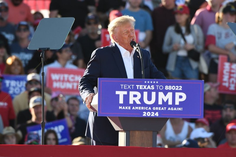 Former President Donald J. Trump announces his 2024 Presidential campaign at a rally at Waco Regional Airport in Waco, Texas on Saturday March 25, 2023. Photo by Ian Halperin/UPI