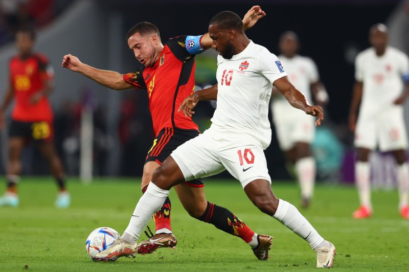 Winger Eden Hazard (L) and Belgium failed to advance past the group stage at the 2022 World Cup. File Photo by Chris Brunskill/UPI