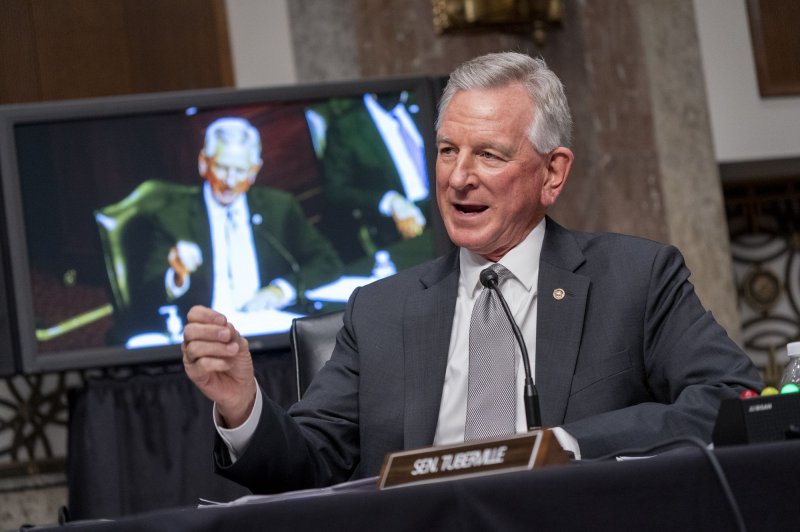 Seven former defense officials sent a letter to the Senate on Thursday, calling for an end to Sen. Tommy Tuberville's (pictured, 2022) procedural blockage on military and civilian nominations. File Photo by Shawn Thew/UPI