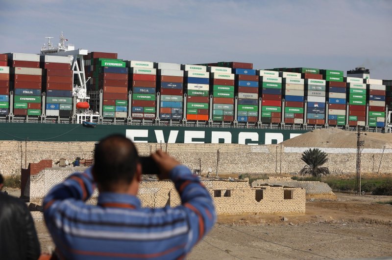 Man-made disruptions include the grounding of a ship in the Suez Canal, cutting off global supply chains, in 2021. File Photo by Karem Ahmed/UPI | <a href="/News_Photos/lp/f8dce546505ff5b505dc25f5ca56df41/" target="_blank">License Photo</a>