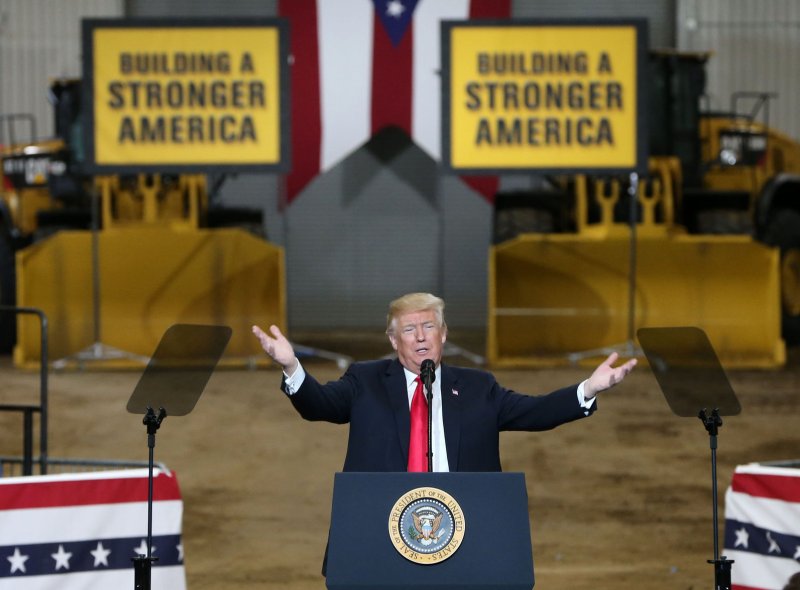 President Donald Trump said his $1.5 trillion infrastructure plan may be passed in a series of measures some time after the midterm elections while addressing the International Union of Operating Engineers in Richfield, Ohio, Thursday. Photo by Aaron Josefcyuk/UPI
