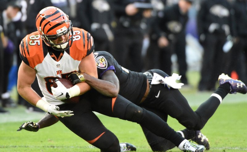 Cincinnati Bengals tight end Tyler Eifert is listed as out for Sunday's game. Photo by David Tulis/UPI