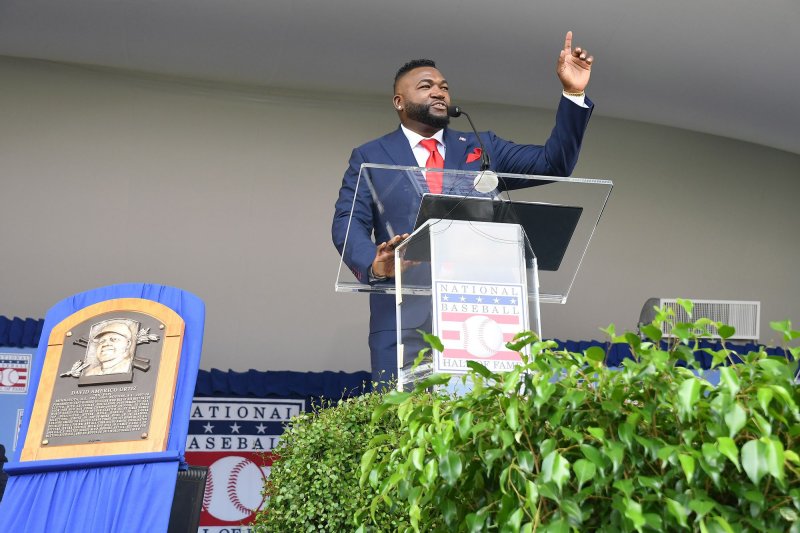 Longtime Red Sox designated hitter David Ortiz on Sunday said he was "humbled" to lead the National Baseball Hall of Fame's class of 2022. Photo by George Napolitano/UPI