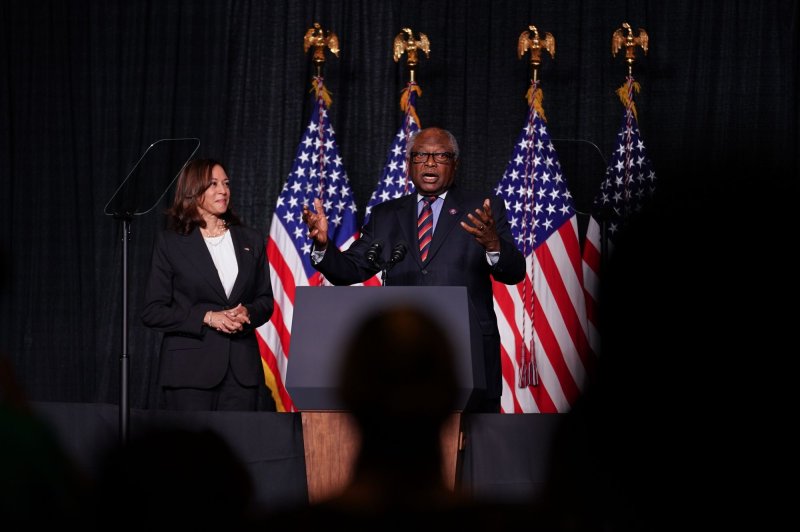 Rep. James Clyburn, D-S.C., right, addresses a crowd at the Blue Palmetto Dinner in South Carolina on June 10. He was elected to the No. 4 Democratic leadership position on Thursday. File Photo by Sean Rayford/UPI