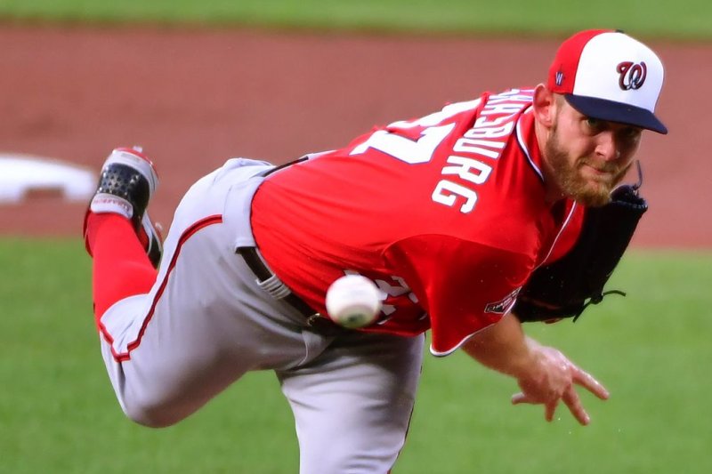 Washington Nationals starting pitcher Stephen Strasburg allowed one run in five innings in his final start of summer camp Monday in Baltimore. Photo by David Tulis/UPI | <a href="/News_Photos/lp/ea9bb778c18e97393496289fccaf586c/" target="_blank">License Photo</a>