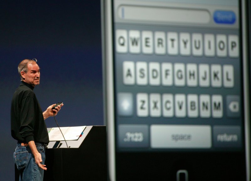 Steve Jobs, CEO of Apple Computer, introduces Apple's latest product, the iPhone, during his keynote speech at Macworld in San Francisco on January 9, 2007. File Photo by Terry Schmitt/UPI