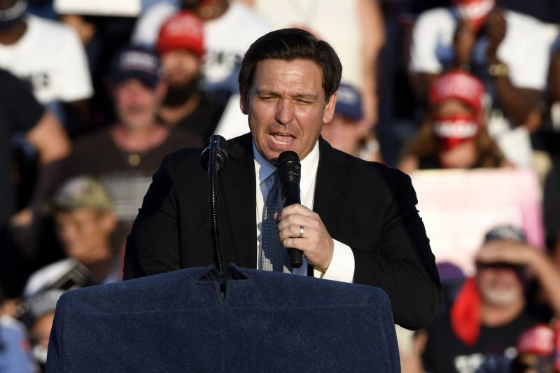 Governor Ron DeSantis speaks prior to a campaign rally held by President Donald Trump in Sanford, Fla., on October 12. Photo by Joe Marino/UPI | <a href="/News_Photos/lp/0a2713fe3e53fbb1f69679fa88f0a922/" target="_blank">License Photo</a>