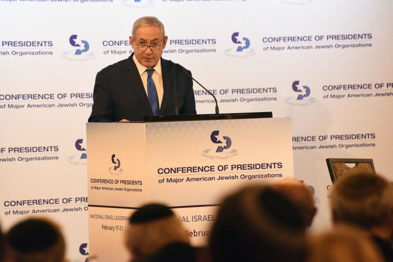 Israeli Prime Minister Benjamin Netanyahu addresses The Conference of Presidents of Major American Jewish Organizations in Jerusalem on Monday. Photo by Debbie Hill/UPI