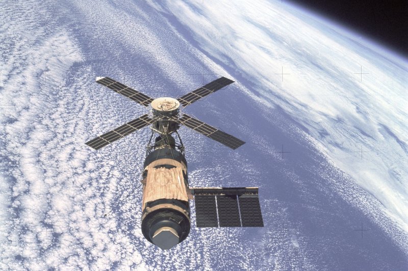 An overhead view of the Skylab Orbital Workshop in Earth orbit is pictured on February 8, 1974. The United States launched Skylab, its first manned orbiting laboratory, on this day in 1973. NASA/UPI