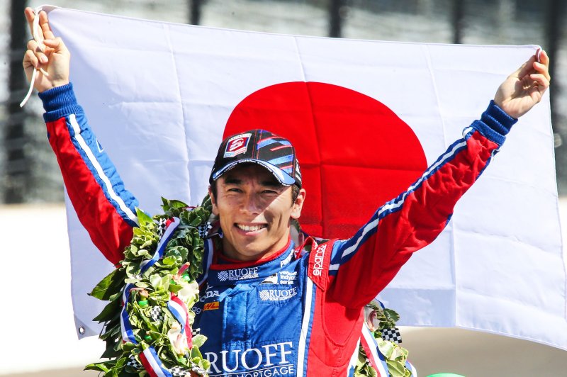 Takuma Sato poses on the main stretch the morning after winning the 2017 Indianapolis 500, at the Indianapolis Motor Speedway on May 29, 2017 in Indianapolis, Indiana. File photo by Mike Gentry/UPI