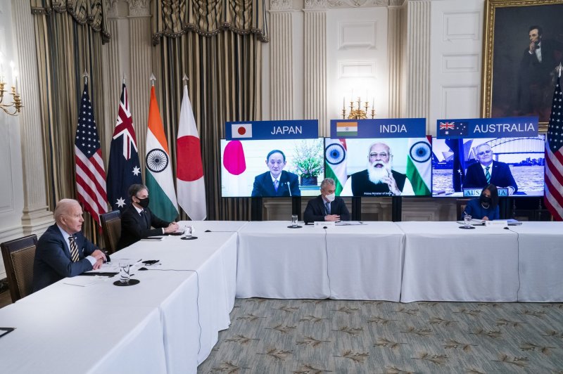 U.S. President Joe Biden (L) meets virtually with the Quad, Prime Minister Narendra Modi of India, Prime Minister Scott Morrison of Australia, and Prime Minister Yoshihide Suga of Japan, from the White House on Friday. Photo by Jim Lo Scalzo/UPI