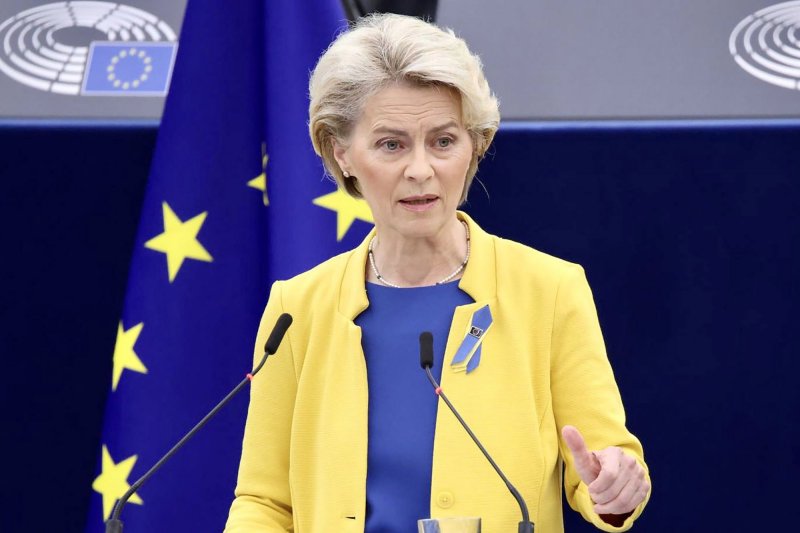 Commission President Ursula von der Leyen delivers a State of the Union address at the start of the European Parliament plenary session. in Strasbourg, eastern France, on Wednesday. Photo by European Union/ EP