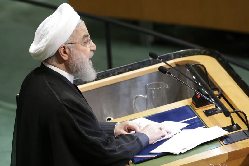 Iranian President Hassan Rouhani speaks at the United Nations General Assembly in New York on September 25. File Photo by John Angelillo/UPI
