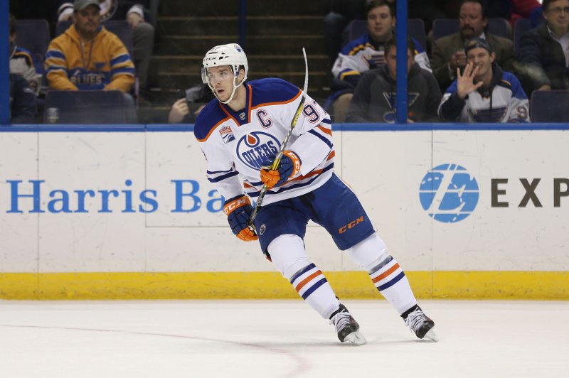 Edmonton Oilers captain Connor McDavid changes direction in the first period against the St. Louis Blues at the Scottrade Center in St. Louis on December 19, 2016. File photo by BIll Greenblatt/UPI