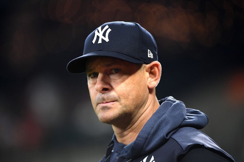 New York Yankees manager Aaron Boone, who signed a three-year extension Tuesday, is under contract through the 2024 season. File Photo by Kevin Dietsch/UPI